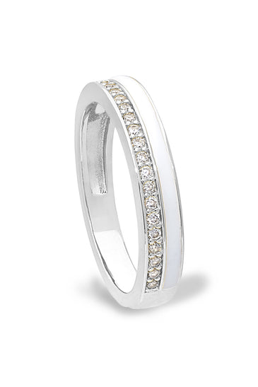 Sterling silver ring with white enamel and CZ pavé band