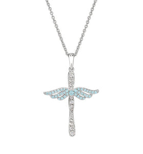 Sterling silver angel cross pendant necklace with aquamarine blue crystal center