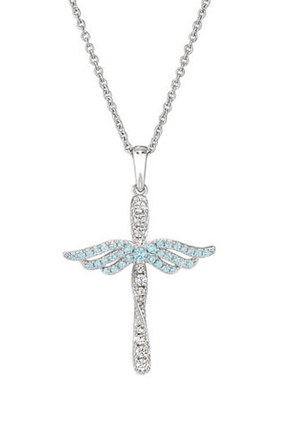 Sterling silver angel cross pendant necklace with aquamarine blue crystal center