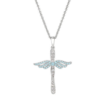 Sterling silver angel cross pendant necklace with aquamarine blue crystal center