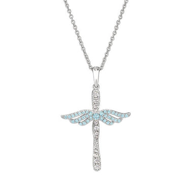 Sterling silver angel cross pendant necklace with aquamarine blue crystal center
