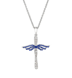 Sterling silver angel cross pendant with blue gem wings and link chain