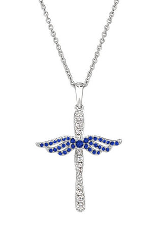 Sterling silver angel cross pendant with blue gem wings and link chain