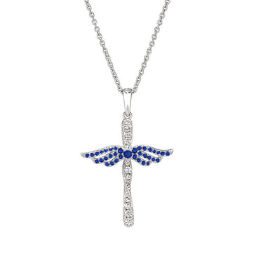 Sterling silver angel cross pendant with blue gem wings and link chain