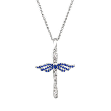 Sterling silver angel cross pendant with blue gem wings and link chain