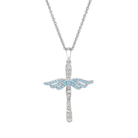 Sterling silver angel cross pendant with blue topaz wings and link chain