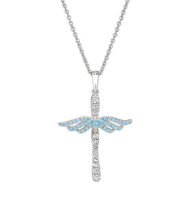 Sterling silver angel cross pendant with blue topaz wings and link chain