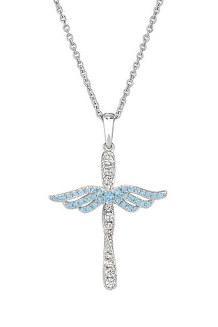 Sterling silver angel cross pendant with blue topaz wings and link chain