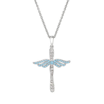 Sterling silver angel cross pendant with blue topaz wings and link chain