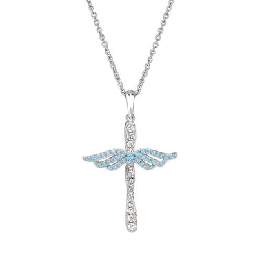 Sterling silver angel cross pendant with blue topaz wings and link chain