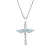 Sterling silver angel cross pendant with blue topaz wings and link chain