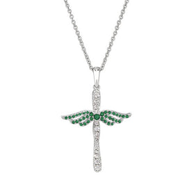 Sterling silver angel cross pendant necklace with emerald green gemstone wings and chain