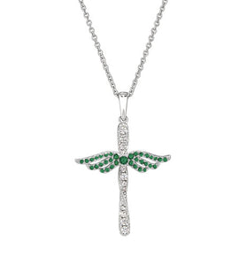 Sterling silver angel cross pendant necklace with emerald green gemstone wings and chain
