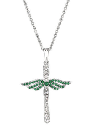 Sterling silver angel cross pendant necklace with emerald green gemstone wings and chain