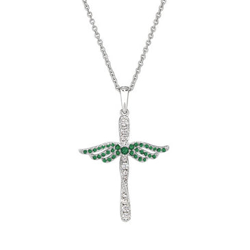 Sterling silver angel cross pendant necklace with emerald green gemstone wings and chain