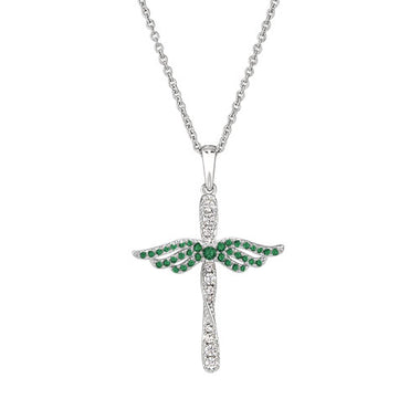 Sterling silver angel cross pendant necklace with emerald green gemstone wings and chain