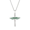 Sterling silver angel cross pendant necklace with emerald green gemstone wings and chain