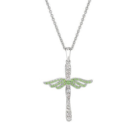 Silver angel cross pendant necklace with peridot-colored accents and chain