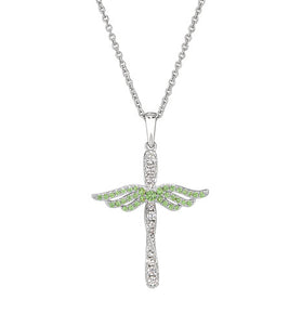 Silver angel cross pendant necklace with peridot-colored accents and chain