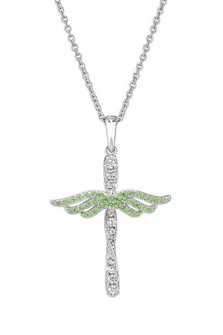 Silver angel cross pendant necklace with peridot-colored accents and chain