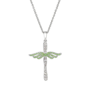 Silver angel cross pendant necklace with peridot-colored accents and chain