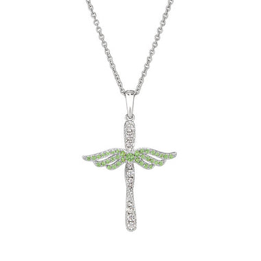 Silver angel cross pendant necklace with peridot-colored accents and chain