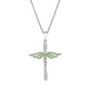 Silver angel cross pendant necklace with peridot-colored accents and chain