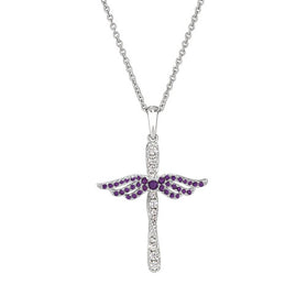 Silver angel cross pendant with purple gemstone wings and chain