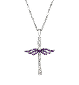 Silver angel cross pendant with purple gemstone wings and chain