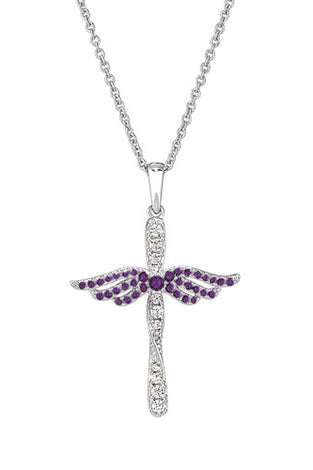 Silver angel cross pendant with purple gemstone wings and chain