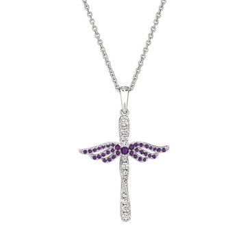 Silver angel cross pendant with purple gemstone wings and chain