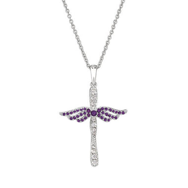 Silver angel cross pendant with purple gemstone wings and chain
