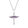 Silver angel cross pendant with purple gemstone wings and chain
