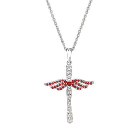 Sterling silver angel cross pendant with red garnet wings and crystal inlays, on chain