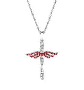 Sterling silver angel cross pendant with red garnet wings and crystal inlays, on chain
