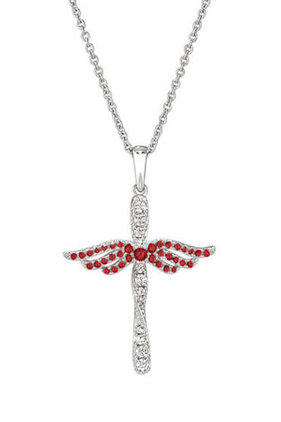 Sterling silver angel cross pendant with red garnet wings and crystal inlays, on chain