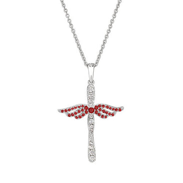 Sterling silver angel cross pendant with red garnet wings and crystal inlays, on chain