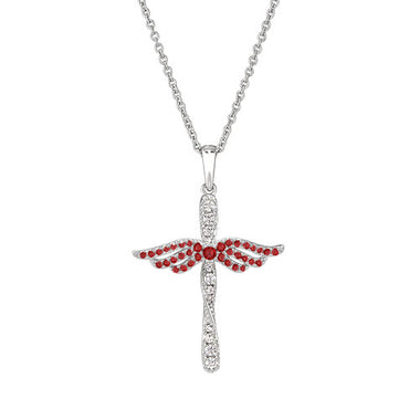 Sterling silver angel cross pendant with red garnet wings and crystal inlays, on chain