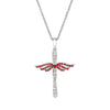 Sterling silver angel cross pendant with red garnet wings and crystal inlays, on chain