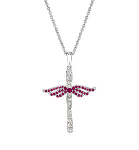 Sterling silver angel cross pendant with ruby-red and clear crystal accents, on chain