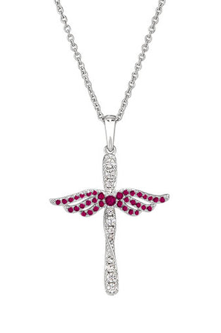 Sterling silver angel cross pendant with ruby-red and clear crystal accents, on chain