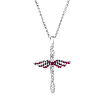 Sterling silver angel cross pendant with ruby-red and clear crystal accents, on chain