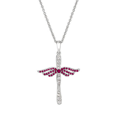 Sterling silver angel cross pendant with ruby-red and clear crystal accents, on chain
