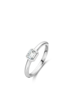 Sterling silver bezel ring with square-cut crystal in open square setting