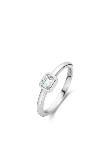 Sterling silver bezel ring with square-cut crystal in open square setting