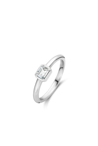 Sterling silver bezel ring with square-cut crystal in open square setting