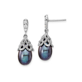Sterling silver dangle earrings with black teardrop pearl and crystal floral caps