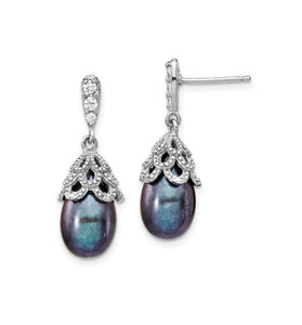 Sterling silver dangle earrings with black teardrop pearl and crystal floral caps