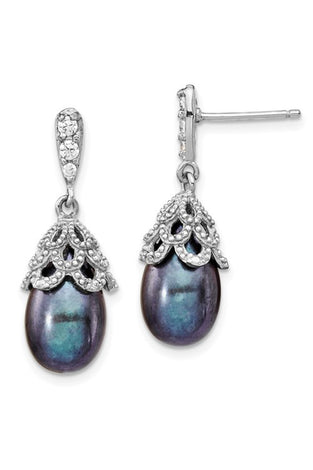 Sterling silver dangle earrings with black teardrop pearl and crystal floral caps