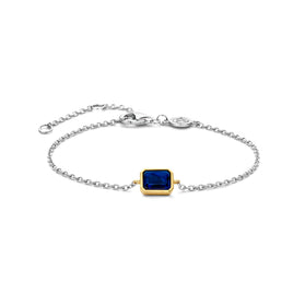 Sterling silver bracelet with blue square bezel charm and round clasp